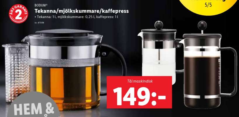 BODUM Tekanna/mjölkskummare/kaffepress